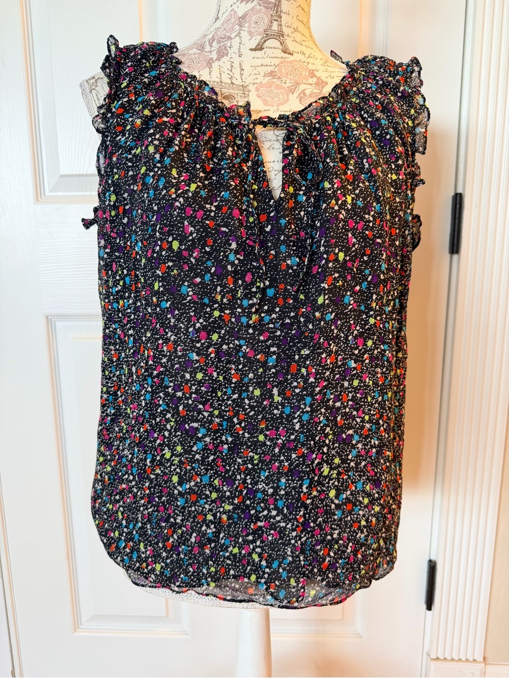Diane Von Furstenberg Black Multicolor Ditsy Ruffle Sleeveless Silk Top